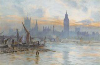 Herbert Menzies Marshall, R.W.S. - The Houses of Parliament, from across the Thames