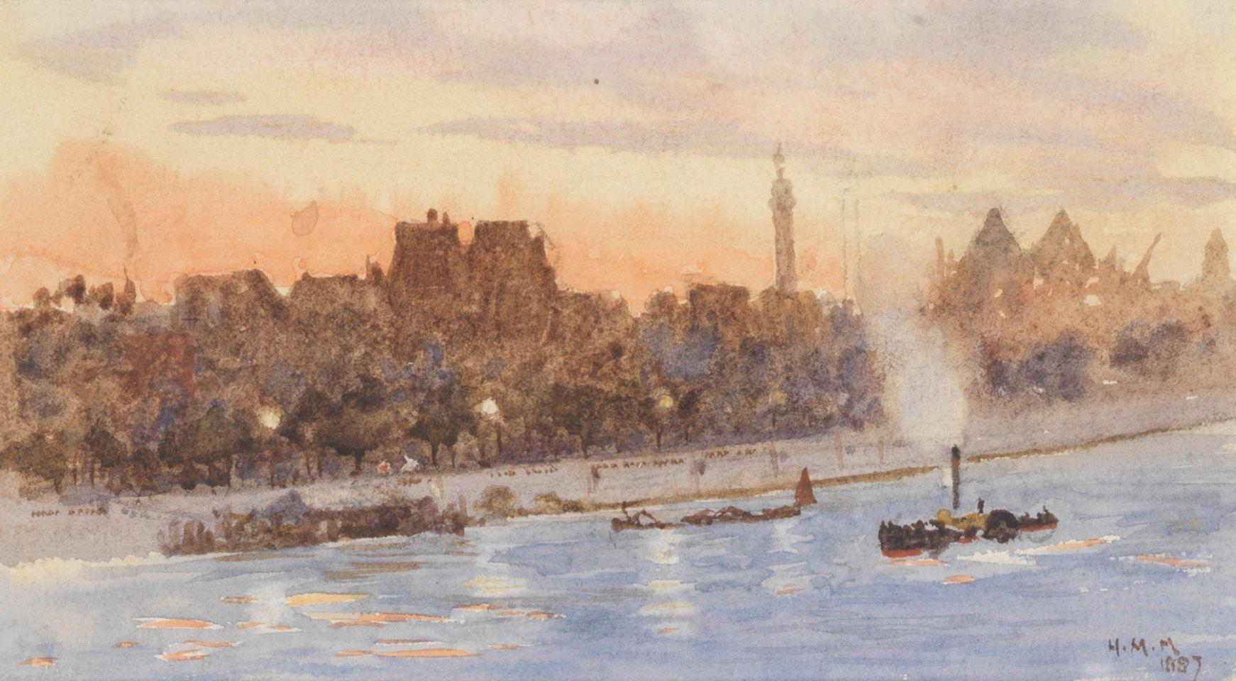 Herbert Menzies Marshall - A river scene at dusk possibly the Thames with The Monument in the distance
