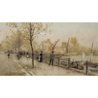 Herbert Menzies Marshall - Chelsea Embankment Showing Battersea Old Bridge, Cheyne Walk And Chelsea Old Church