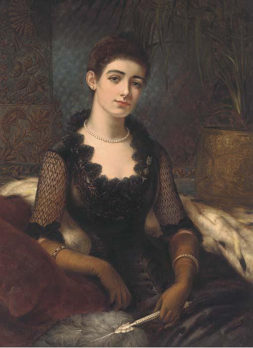 Herbert Sidney - A Portrait of Mrs James Alexander, Three-Quarter Length, In A Black Dress, Holding A Fan