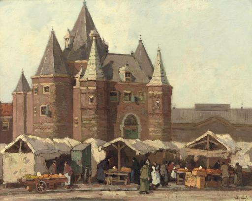 Herman Bogman - A busy marketday on the Nieuwmarkt outside the Waag, Amsterdam