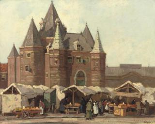 Herman Bogman - A busy marketday on the Nieuwmarkt outside the Waag, Amsterdam