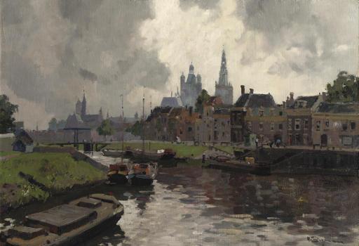Herman Bogman - Barges in the Zuidwillemsvaart with the Sint Jan cathedral in the distance, Den Bosch