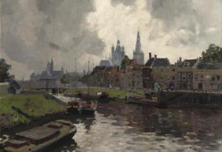 Herman Bogman - Barges in the Zuidwillemsvaart with the Sint Jan cathedral in the distance, Den Bosch