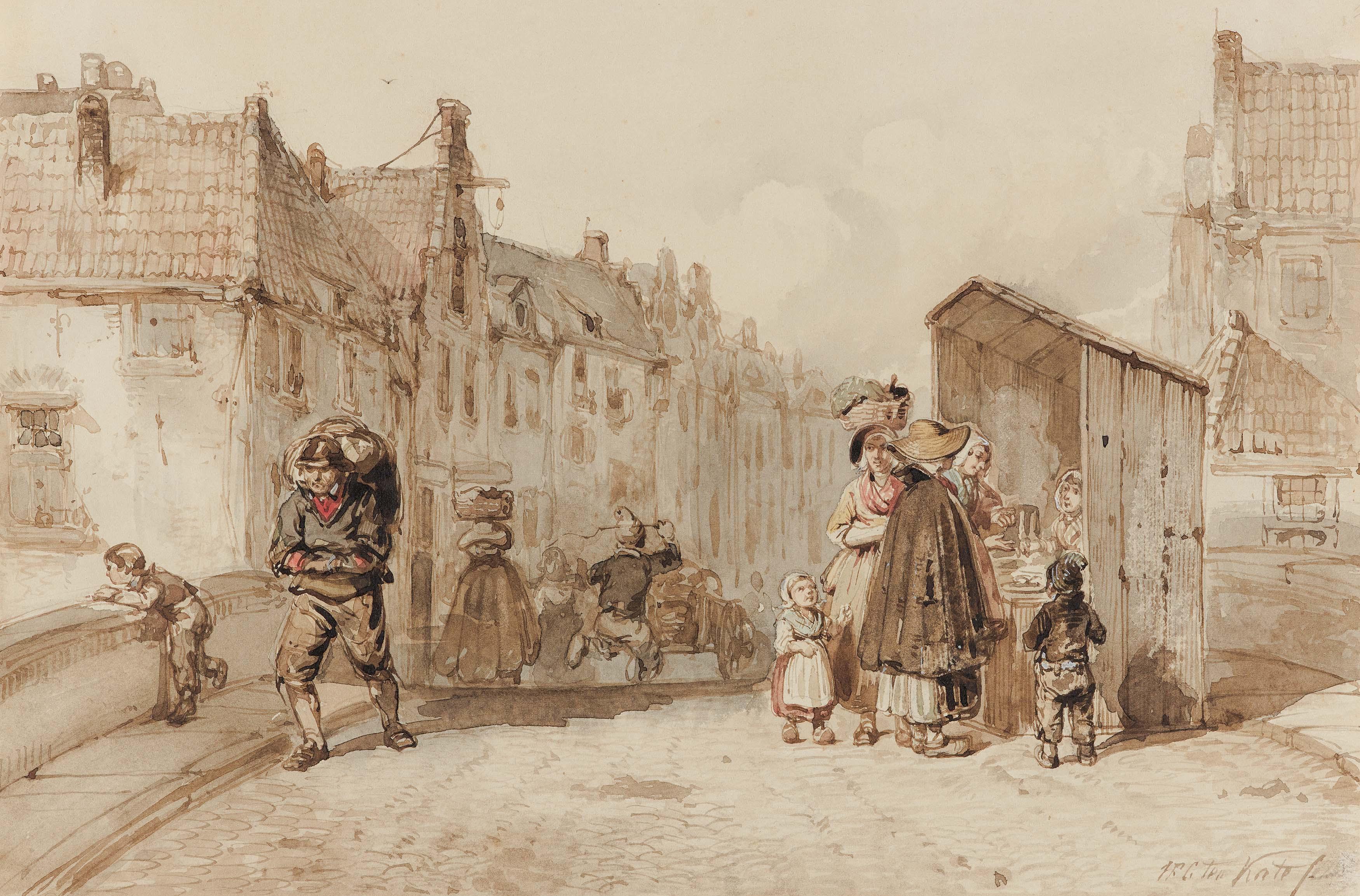 Herman Frederik Carel Ten Kate - Holländische Straßenszene auf einer Brücke über einer Gracht.