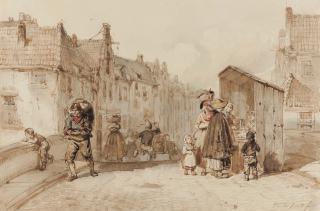 Herman Frederik Carel Ten Kate - Holländische Straßenszene auf einer Brücke über einer Gracht.