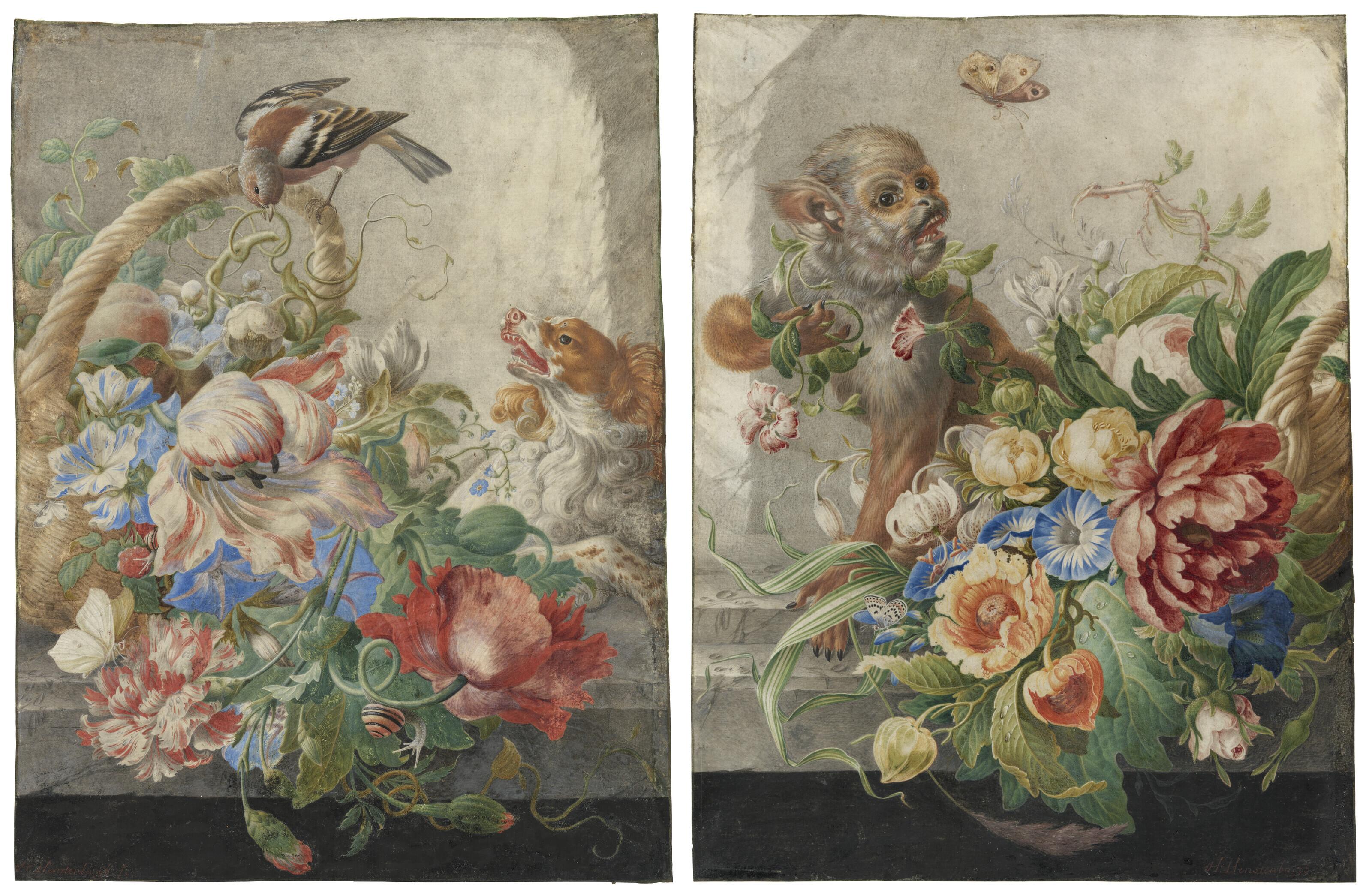 Herman Henstenburgh - A basket with flowers in a stone niche, with a monkey and a butterfly; and A basket with flowers in a stone niche, with a barking dog and a bird
