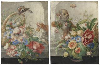 Herman Henstenburgh - A basket with flowers in a stone niche, with a monkey and a butterfly; and A basket with flowers in a stone niche, with a barking dog and a bird