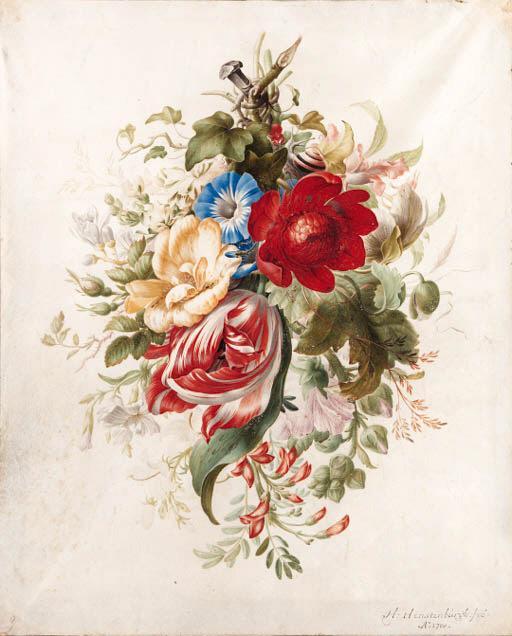 Herman Henstenburgh - A spray of flowers, including a tulip, roses, poppies, morning glory, a hollyhock and ivy attached to a nail, with a snail and ants