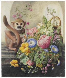Herman Henstenburgh - A still life with a monkey, a butterfly and a basket with flowers including Nasturtiums, Morning Glory, Roses and Everlasting Pea