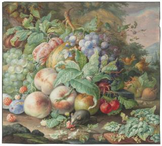 Herman Henstenburgh - A still-life with peaches, apples, grapes, a melon, cherries and vegetation on a stone ledge, with a mouse eating a raspberry and a landscape beyond