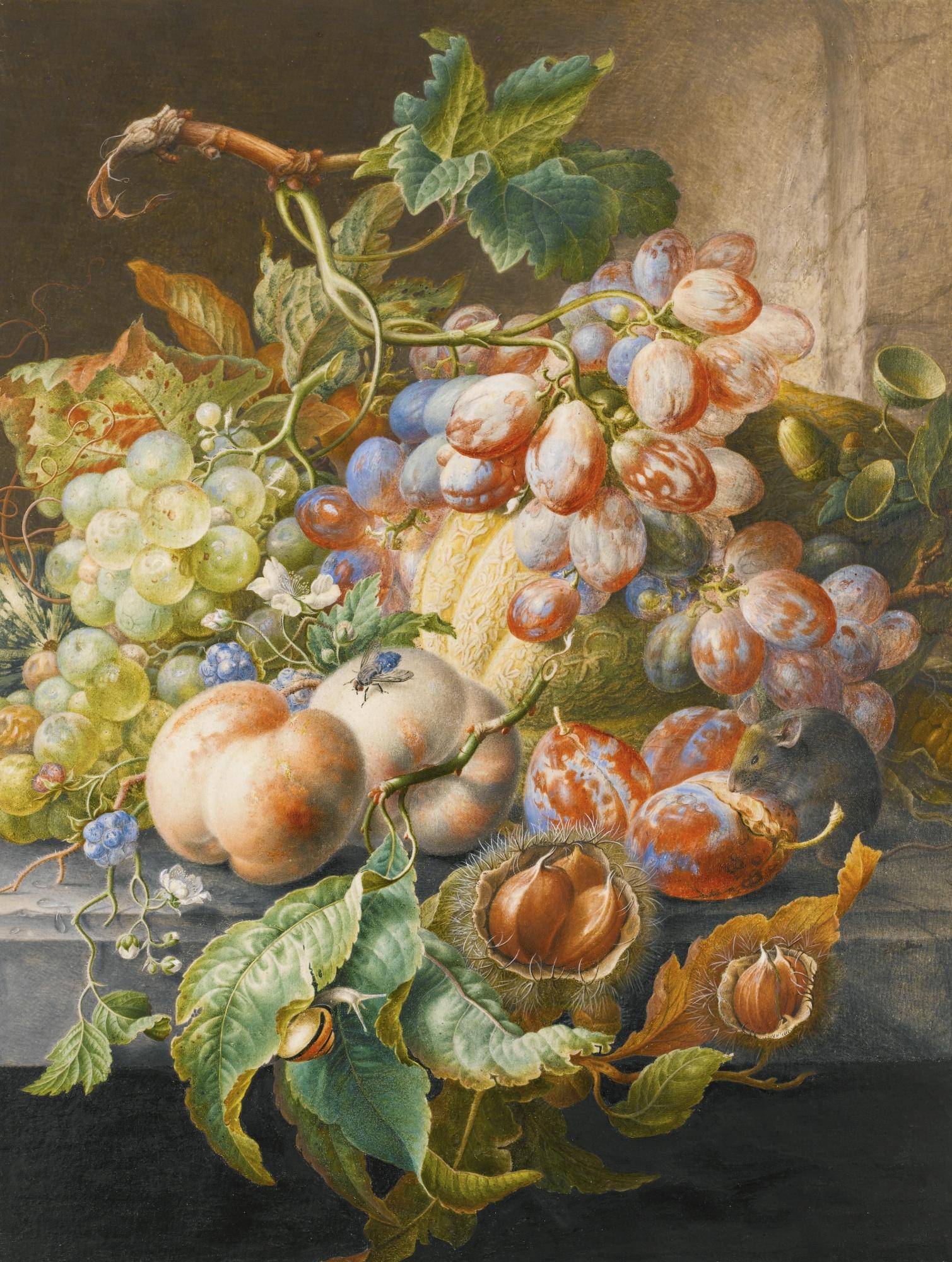 Herman Henstenburgh - An Elaborate Still Life Of Fruits And Nuts On A Ledge, A Mouse To The Right