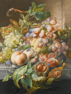 Herman Henstenburgh - An Elaborate Still Life Of Fruits And Nuts On A Ledge, A Mouse To The Right
