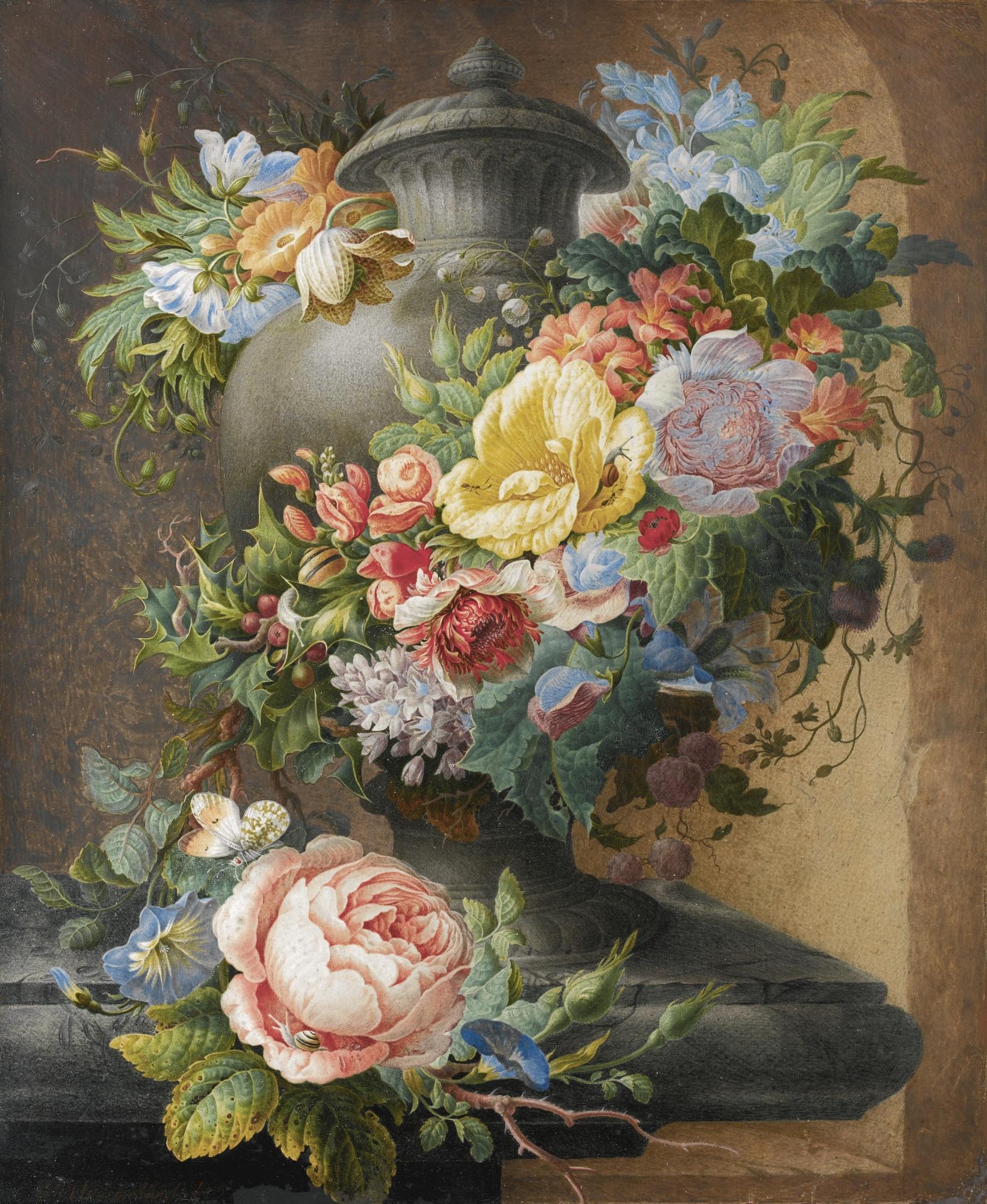 Herman Henstenburgh - An Urn, Garlanded With Flowers With Various Insects And Snails On A Stone Ledge