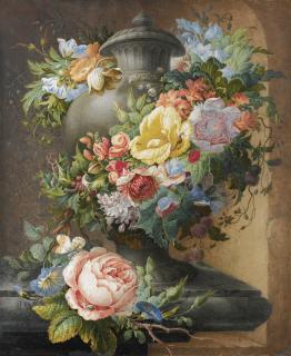 Herman Henstenburgh - An Urn, Garlanded With Flowers With Various Insects And Snails On A Stone Ledge