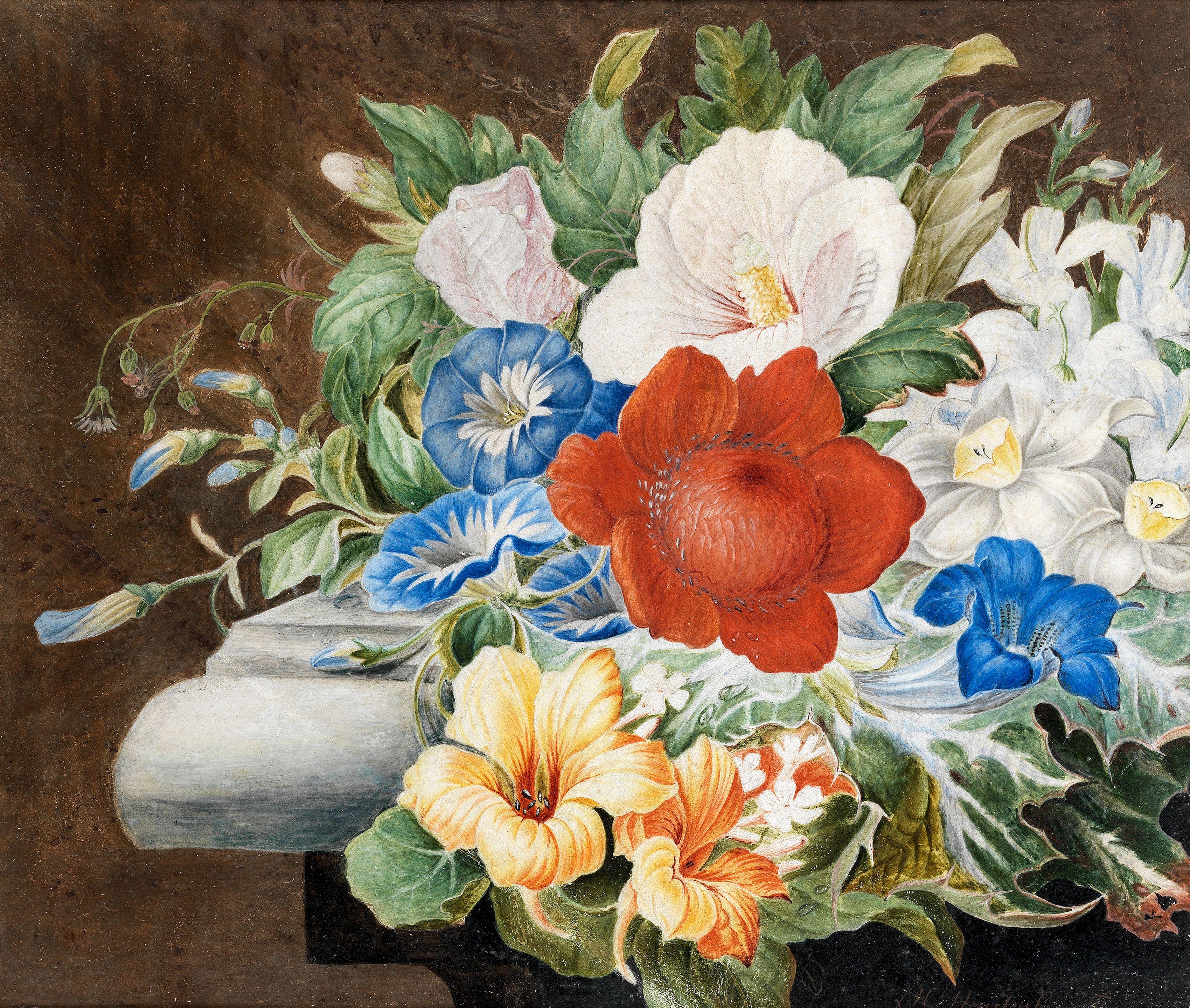 Herman Henstenburgh - Chrysanthemums, Convolvulus And Other Flowers On A Stone Ledge