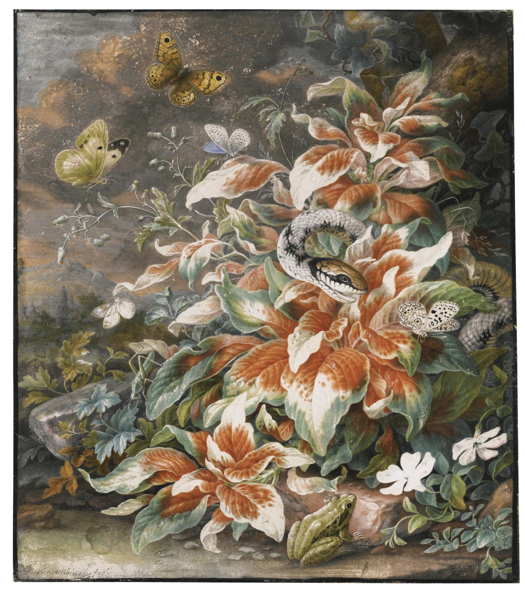 Herman Henstenburgh - Forest Still Life With A Snake, A Frog And Butterflies Around A Large Plant