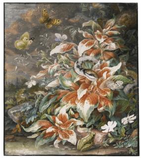 Herman Henstenburgh - Forest Still Life With A Snake, A Frog And Butterflies Around A Large Plant