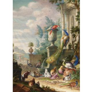 Herman Henstenburgh - Peacocks, A Parrot And Other Fowl, Watched By A Spaniel, In A Classical Park Landscape