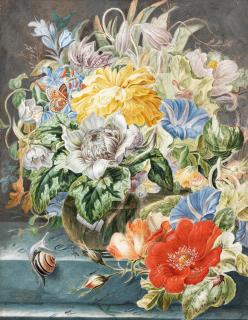 Herman Henstenburgh - Roses, Convolvulus, Fritillaries And Other Flowers In A Glass Vase On A Stone Ledge, With A Snail And A Butterfly