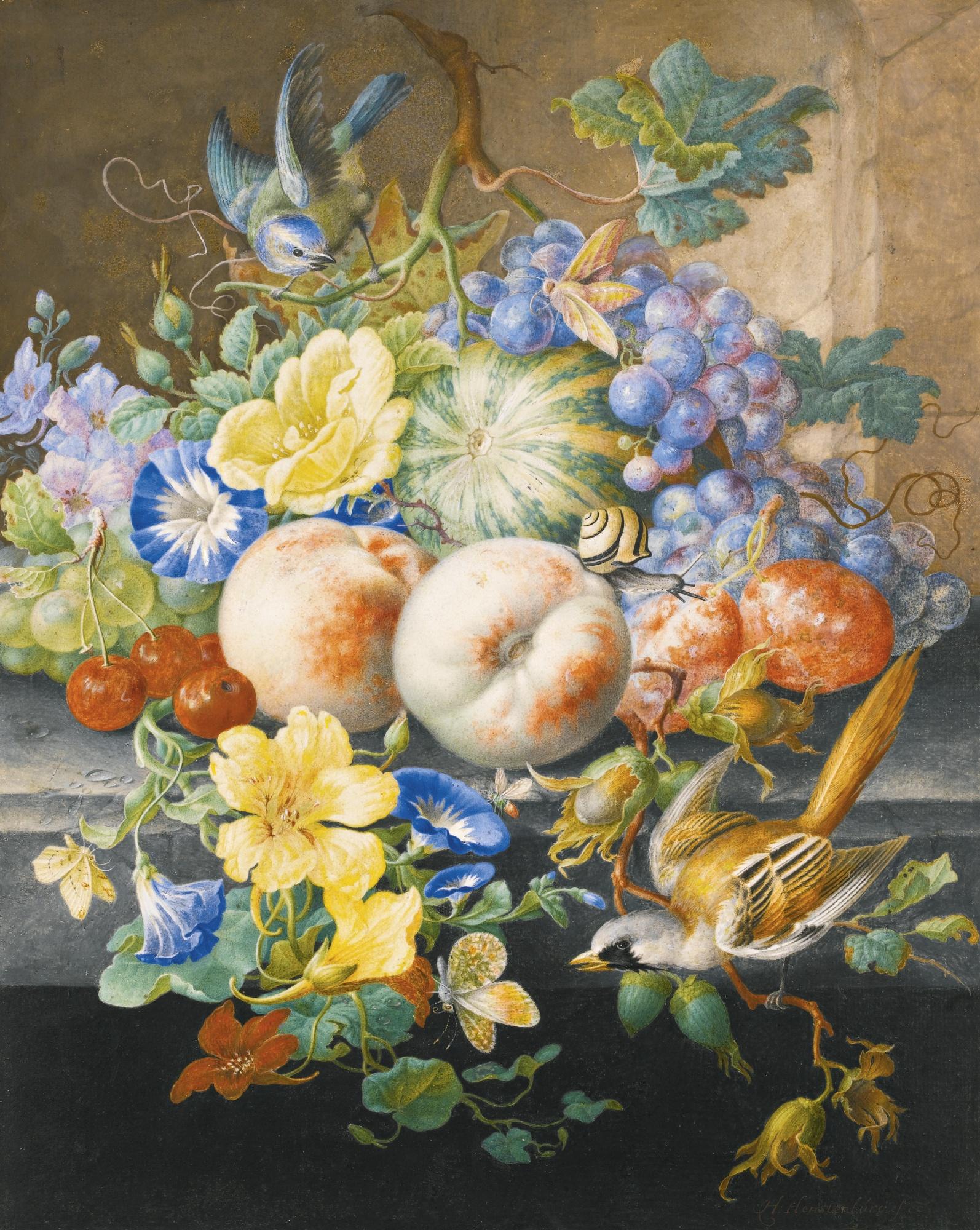 Herman Henstenburgh - Still Life Of Flowers And Fruits, With Two Birds