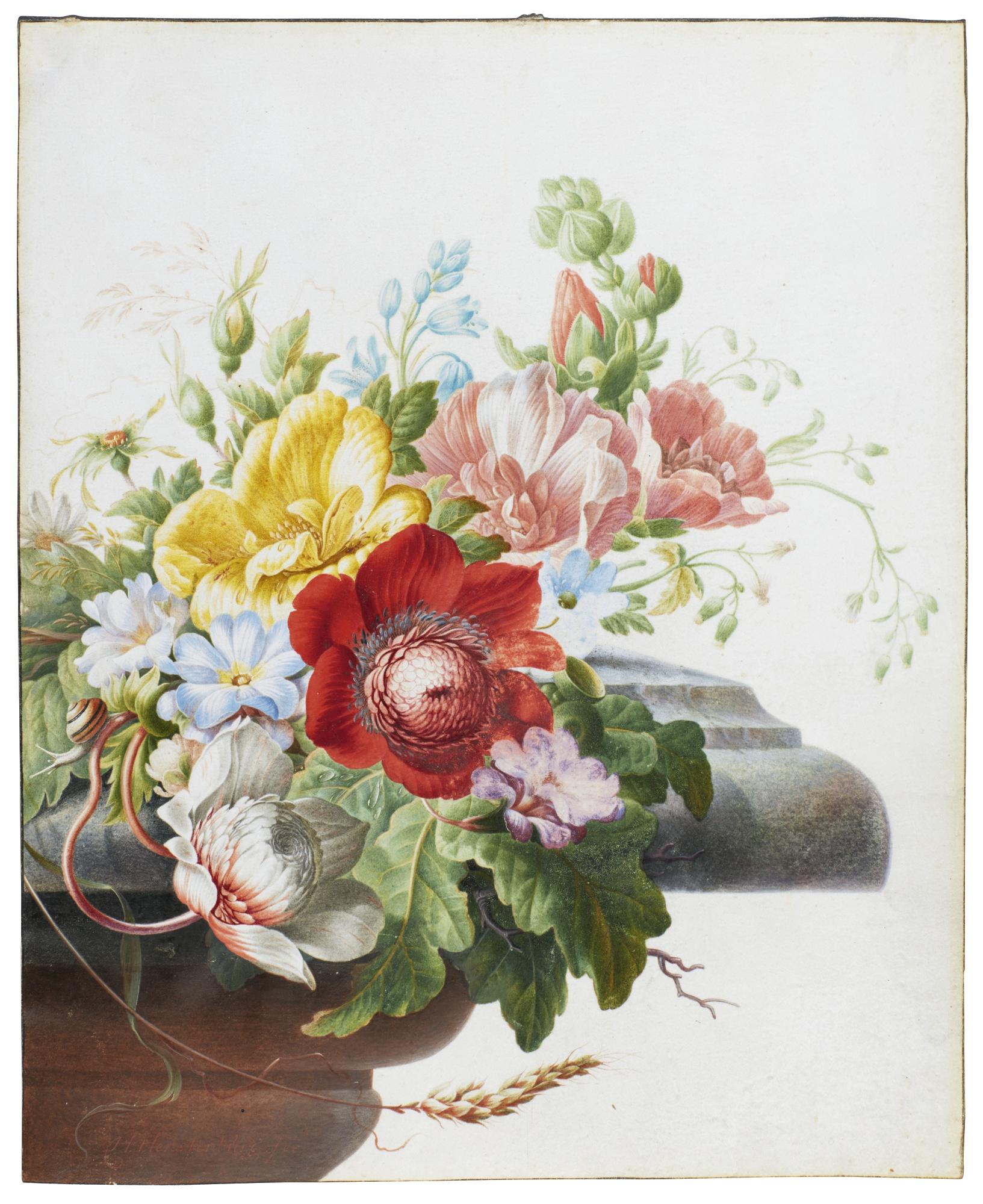 Herman Henstenburgh - Still Life With Yellow Dahlias, Blue Bindweed, White Hellebore, Red And Pink Peonies And Other Flowers On A Ledge