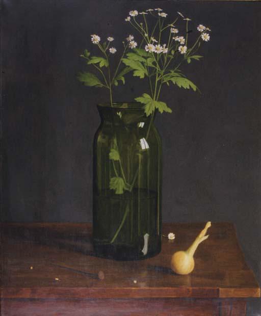 Herman M. Lijftogt - Still Life of Chamomiles In A Vase And An Onion On A Table