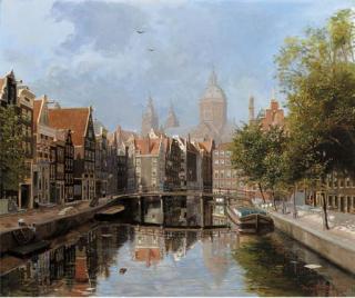 Herman Marie Johannes Misset - Oudezijds Achterburgwal met St. Nicolaas Kerk in de achtergrond