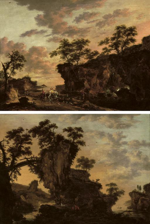 Herman Naiwincx - A rocky coastal landscape with a wooden bridge and horsemen in the foreground; and A rocky river landscape with an elegant hawking party on a path near a waterfall