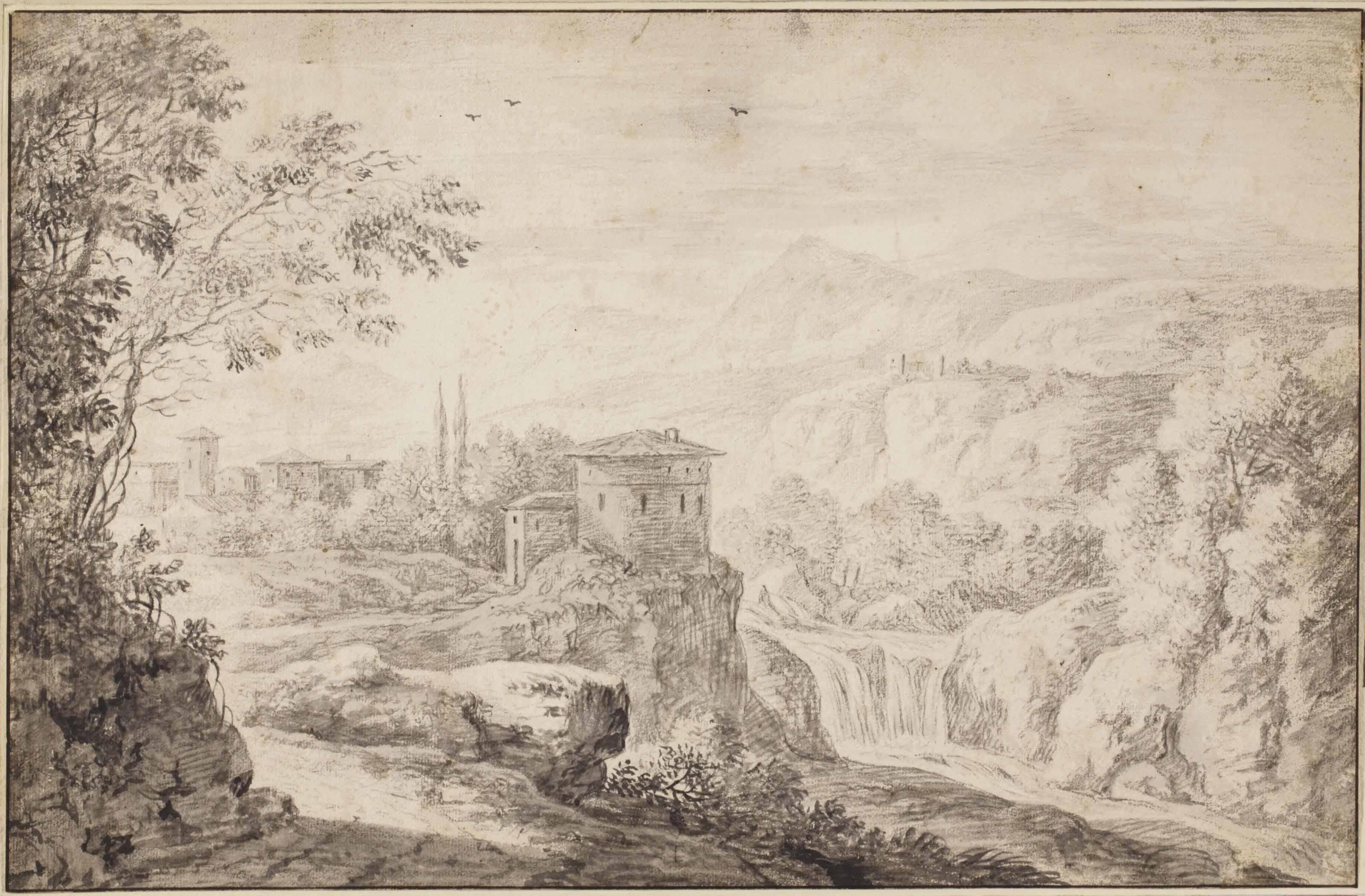 Herman Naiwincx - An Italian River Landscape With A Tower Overlooking A Waterfall