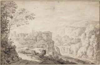 Herman Naiwincx - An Italian River Landscape With A Tower Overlooking A Waterfall