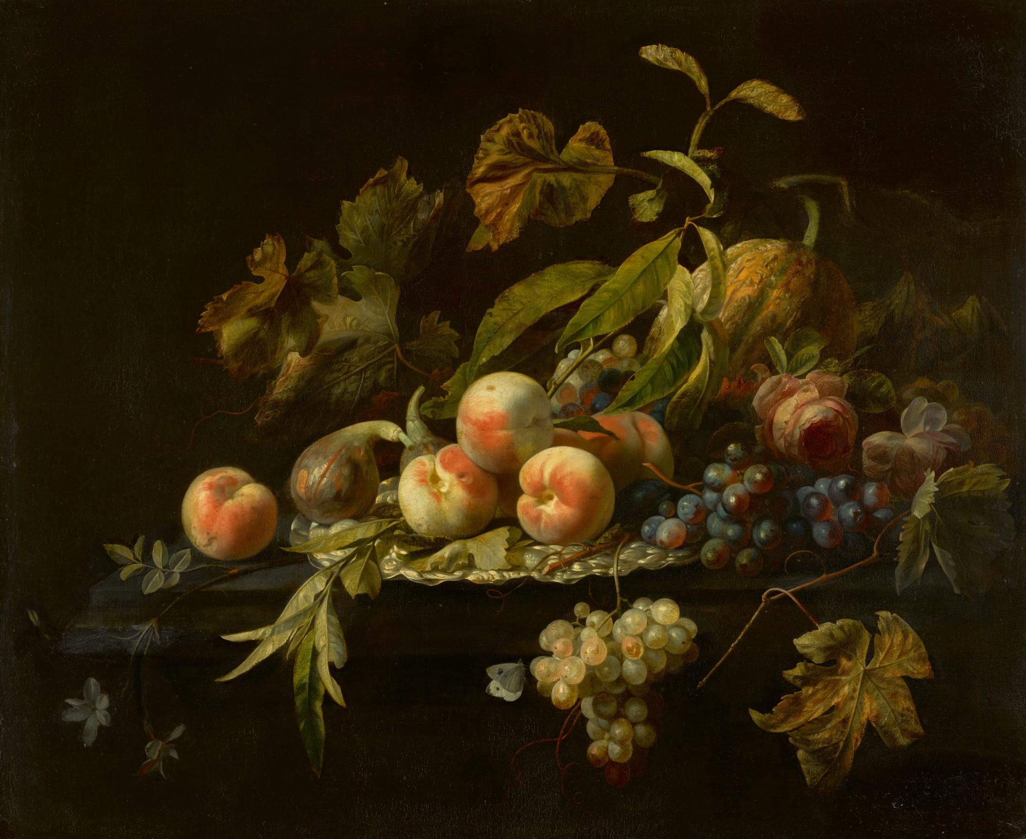 Herman Pietersz. Verelst - Still Life Of Peaches, A Fig, A Watermelon, Bunches Of Grapes And A Rose Arranged On And Around A Silver Dish On A Ledge