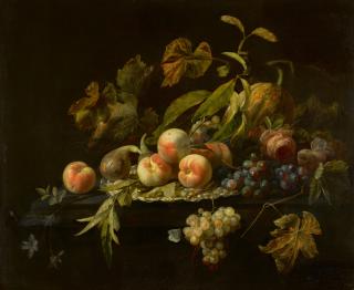 Herman Pietersz. Verelst - Still Life Of Peaches, A Fig, A Watermelon, Bunches Of Grapes And A Rose Arranged On And Around A Silver Dish On A Ledge