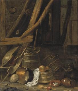 Herman Saftleven - A barn interior with a copper pot, wooden barrels, an eartenware jug and other objects, together with a chicken and a cat