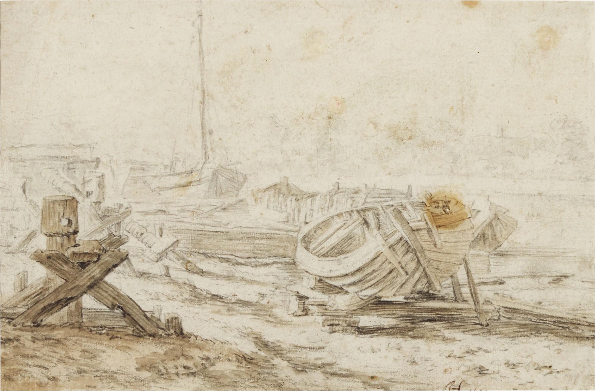 Herman Saftleven - A Boatyard with small vessels hauled ashore