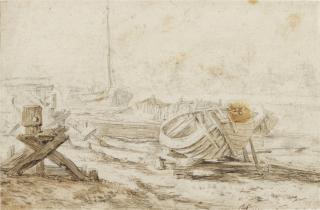 Herman Saftleven - A Boatyard with small vessels hauled ashore