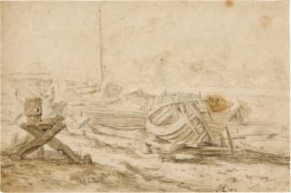 Herman Saftleven - A Boatyard with small vessels hauled ashore