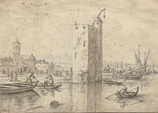 Herman Saftleven - A bustling canal scene with a town to the left and a large tower, men in boats in the foreground
