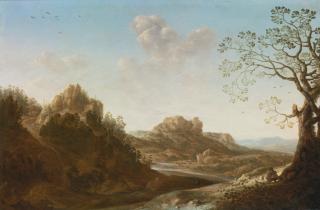 Herman Saftleven - A Panoramic River Valley Landscape With Figures And Village Below