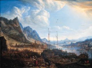 Herman Saftleven - A Rhenish landscape with fishermen and peasants on a quayside, a town beyond