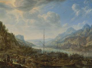 Herman Saftleven - A Rhenish landscape with numerous vessels moored at a quay, a town on the opposite shore