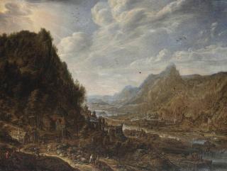 Herman Saftleven - A Rhenish landscape with numerous vessels moored at a quay by a cooperage, a village on the hilltop