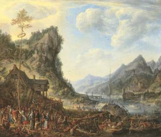 Herman Saftleven - A Rhenish landscape with peasants dancing around the maypole, shipping moored by a jetty nearby