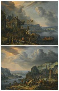 Herman Saftleven - A Rhenish River Landscape With Many Figures Outside A Tavern; A Rhenish River Landscape With Men Fixing A Boat