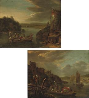 Herman Saftleven - A river landscape with peasants unloading a boat at a jetty; and A river landscape with a peasant pulling a ferry before a watch tower