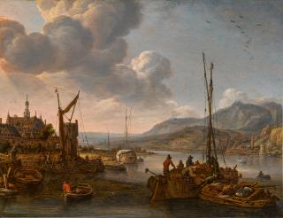 Herman Saftleven - A river port in a mountainous Rhenish landscape with figures unloading boats