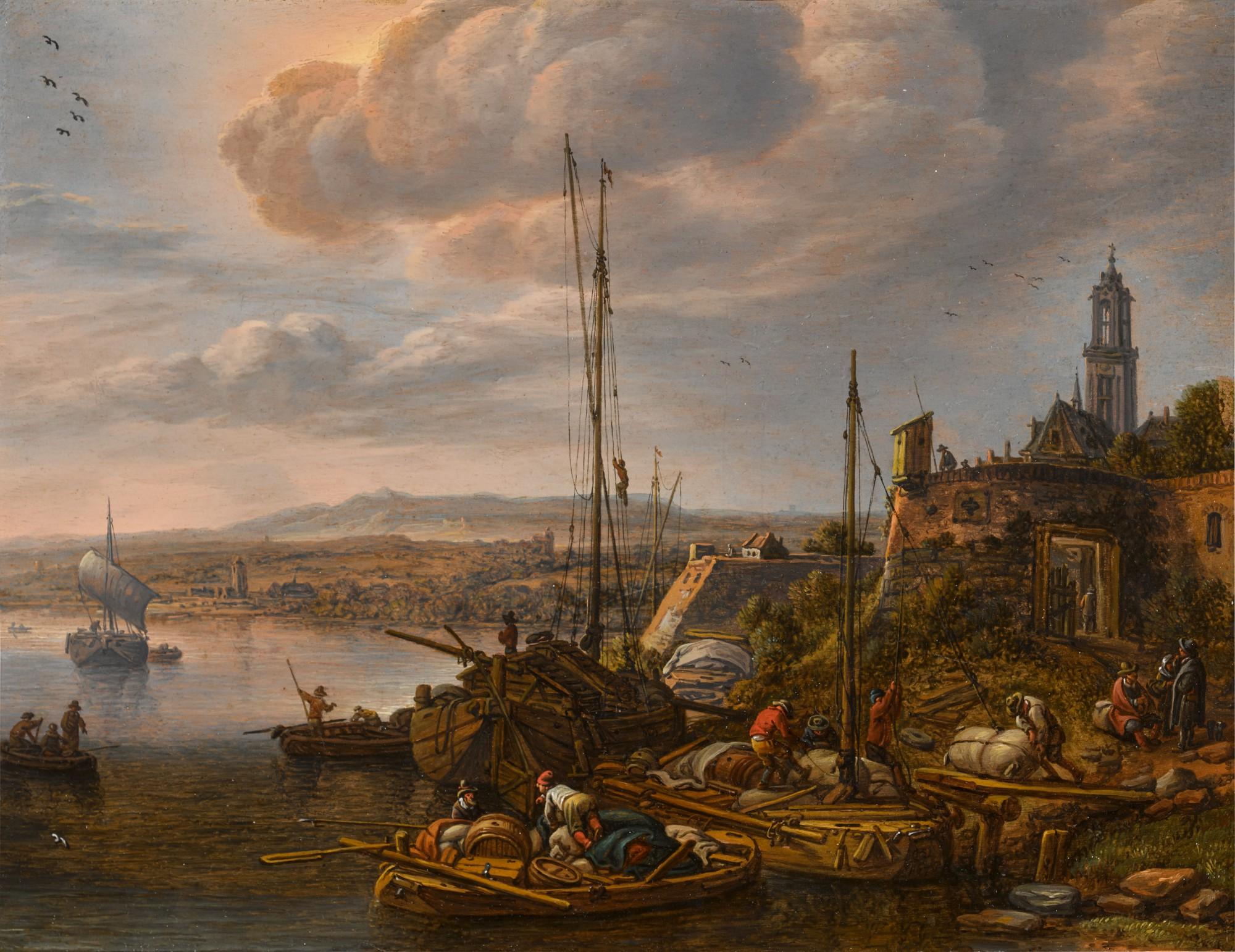 Herman Saftleven - A river port in a Rhenish landscape with figures loading boats, a tower beyond
