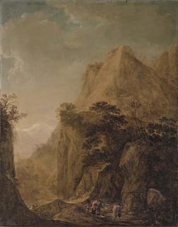 Herman Saftleven - A rocky landscape with travellers on a path and peasants by a lake