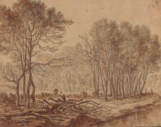 Herman Saftleven - A stand of trees by a river with a woodcutter chopping logs