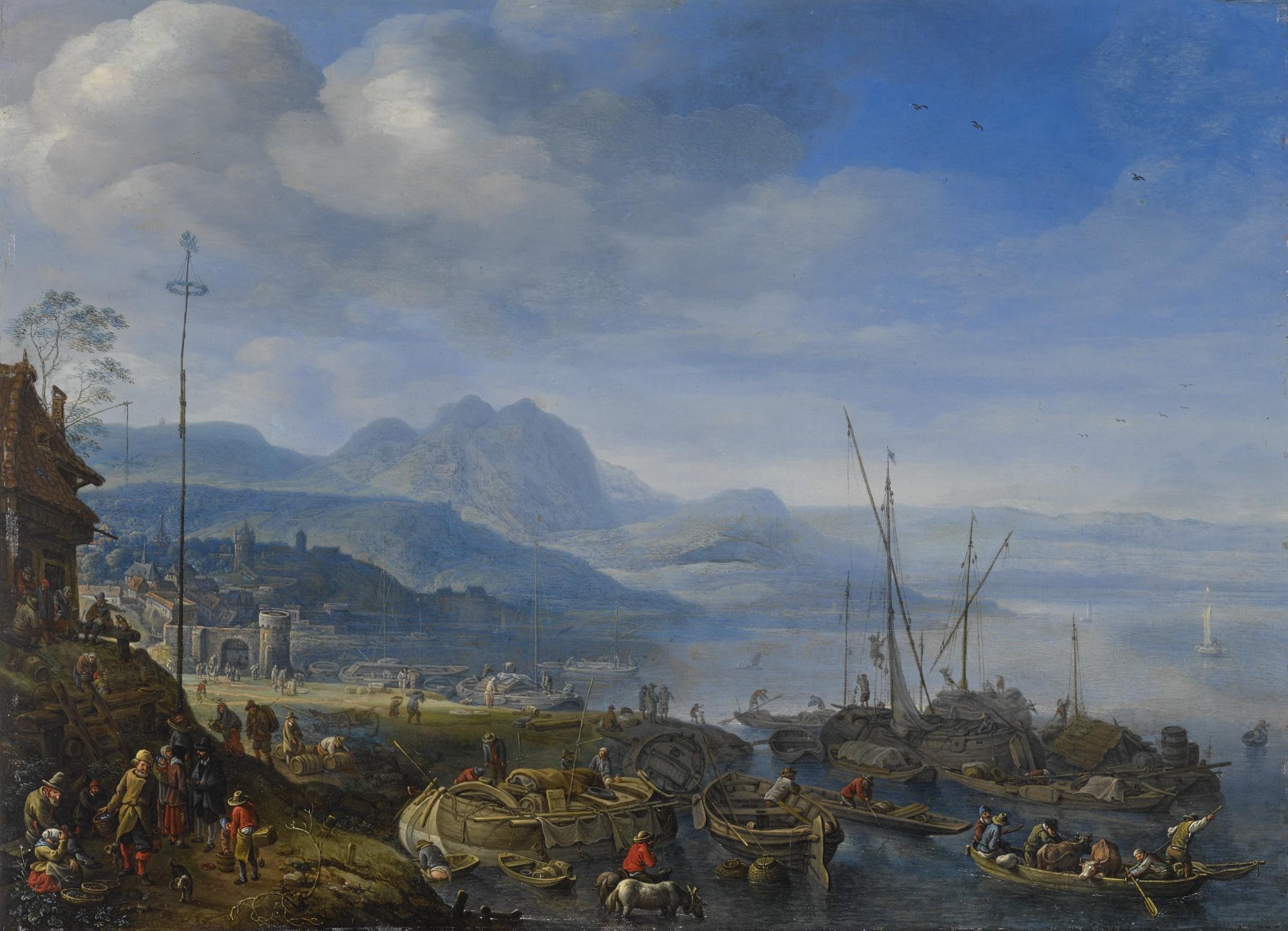 Herman Saftleven - A View Of Linz Am Rhein, With Barges Unloading At A Quay And An Inn Nearby